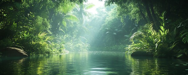 Obraz premium Realistic Amazon Forest background, mythical elements, lush foliage, magical setting