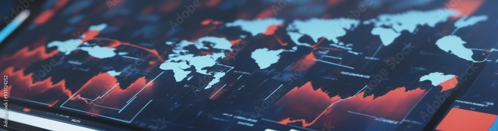 Poster futuristic computer screen lock icon with financial graphs on bl
