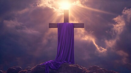 Flowing Purple Robe On Wooden Cross With Light From Heaven Shining Through The Clouds - The Resurrection And Ascension Of Jesus Christ with generative ai