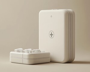 A minimalist first aid kit design, featuring sleek packaging and organized compartments, against a neutral background