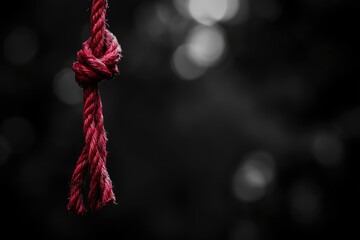 Frayed Red Rope Hanging By Last Thread On Black And White Background With Copy space with generative ai