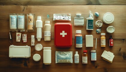 A highresolution shot of essential first aid supplies laid out on a wooden table, ready for use, with natural lighting and a warm tone