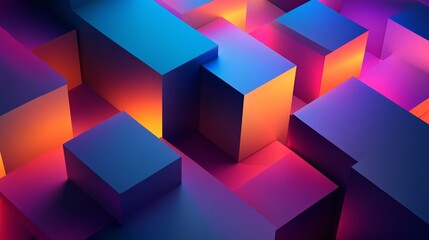 A geometric 3D background features stacked shapes with vibrant gradients, producing eye-catching visuals
