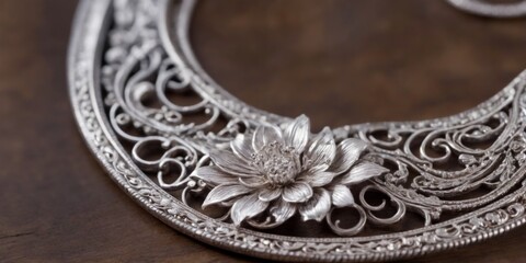 Fototapeta premium Elegant Silver Necklace with Intricate Floral Design on Wooden S