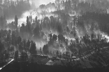 A dramatic and mysterious mountain landscape. The dominance of black and white gives it a classic...