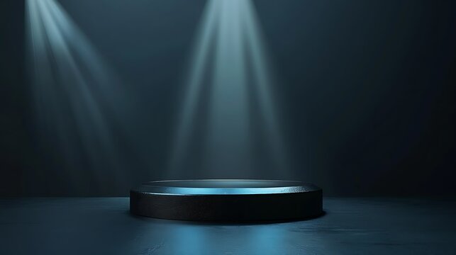 Empty dark product black idea pedestal lab effect blue spotlight on a bright display podium background