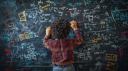 A young child is drawing on a blackboard with a lot of math equations