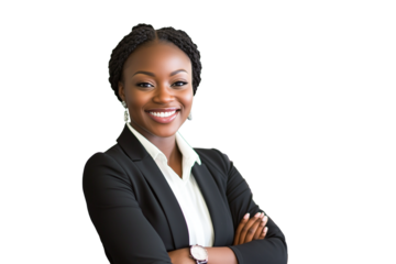 Portrait of a cheerful and confident black female businesswoman in an office, looking at camera. Isolated on transparent background.
