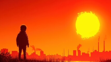 Fototapeta premium Child by Polluted River Under Blazing Sun - Climate Change Impact Concept with Copy Space for Text