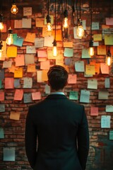 Obraz premium A man in a stylish suit stands facing a brick wall covered with a collage of colorful sticky notes, under warm, industrialstyle hanging lights