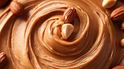 A rich, creamy swirl of peanut butter, with whole peanuts embedded in the smooth texture, shot in warm, inviting lighting