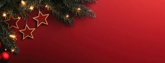 Christmas best sale promotional banner. Xmas web banner with stars decoration. Christmas background with pine branches stars hanging with copy space. Christmas header background 