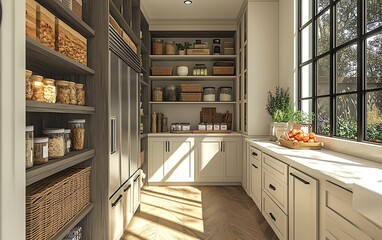 Hyperrealistic custom walkin pantry, modern farmhouse style, hyperdetailed, large space, 169