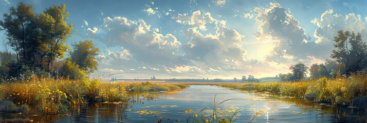 Panorama of a summer landscape overlooking the river and field. Fishing on a pond on a warm day. Fishing, summer vacation and relaxation concept