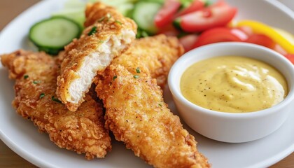 Close up of fried chicken tenders on a white plate with a side of mustard and a salad.