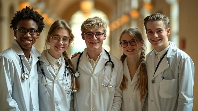 Group of young medical students in lab coats smiling in university hall