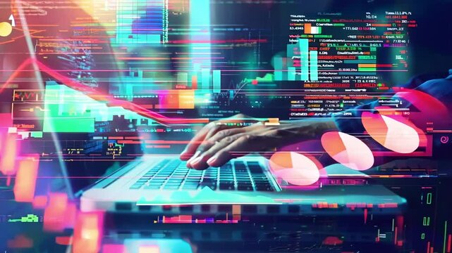 Vibrant data visualization with colorful graphs and charts showcasing analytics and financial growth. Perfect for tech and finance.