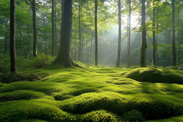 Obraz premium A quiet forest clearing where the sunlight filters
