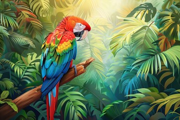 In-depth of a vivid scarlet parrot poised on a tree limb in a tropical environment alongside content gap and blurry blank backdrop, Generative AI.