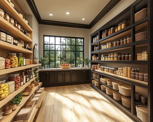 Modern farmhouse large custom pantry, hyperrealistic walkin design, hyperdetailed, 169