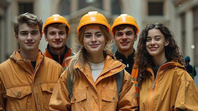Young workers in bright orange jackets and hard hats at a construction site in the city
