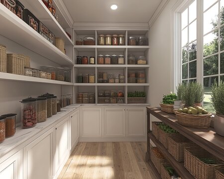 Modern farmhouse large custom pantry, hyperrealistic walkin design, hyperdetailed, 169