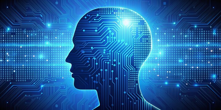 Blue digital background with binary code circuit board pattern and silhouette of head representing artificial intelligence