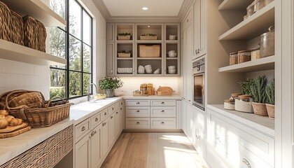 Modern farmhouse walkin pantry, large custom design, hyperrealistic, hyperdetailed, 169