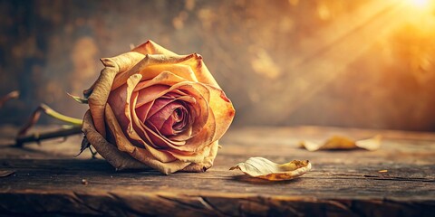 Faded rose blooms in dusty rustic vintage backdrop, nostalgic melancholy, warm golden light, muted color palette, forgotten elegance, summer's fleeting beauty.