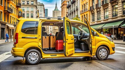 Fototapeta premium A bright yellow taxi van is parked diagonally on a busy city street, its doors and trunk open, revealing a cluttered interior and luggage.
