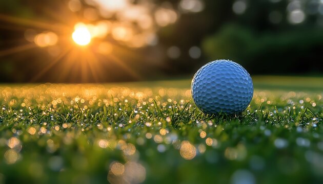 Golf ball on a tee, closeup on dewy grass, bright sunny morning on a golf course