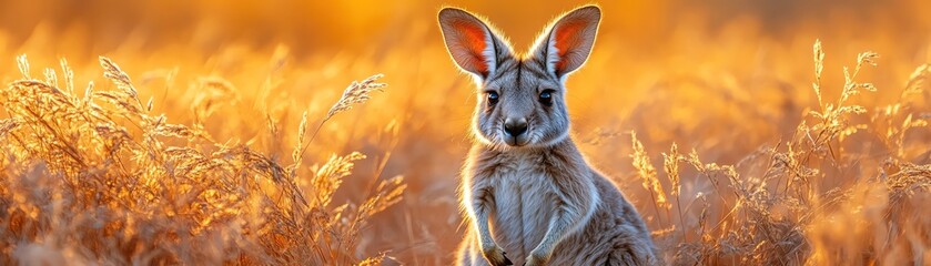 Fototapeta premium Kangaroo hopping through golden grasslands at sunset, warm and tranquil atmosphere
