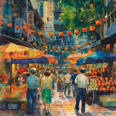 Naklejka premium 游客在城镇的购物中心挑选商品