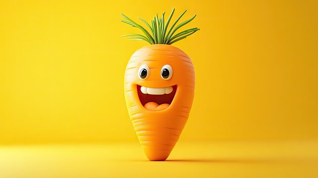 A cheerful 3D cartoon carrot with a big smile, set against a bright yellow background, radiating freshness and joy.