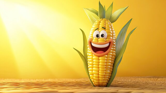 A cheerful 3D cartoon corn cob with a big smile, set against a sunny yellow background, symbolizing harvest and energy.