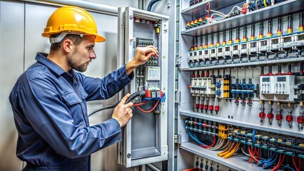 Electrician engineer work tester measuring voltage and current of power electric line in electical cabinet control.and wires on relay protection system. Bay control unit. Medium voltage switchgear