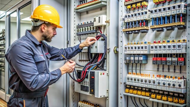 Electrician engineer work tester measuring voltage and current of power electric line in electical cabinet control.and wires on relay protection system. Bay control unit. Medium voltage switchgear