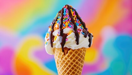Close-up of a vanilla ice cream cone with chocolate syrup and colorful sprinkles against a colorful background.