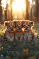 Three lion cubs cuddling together on the grass, soft, golden light
