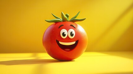 A cheerful 3D cartoon tomato, with a happy face, set against a bright yellow background, symbolizing warmth and vitality.