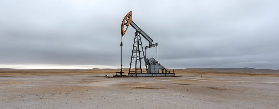 Abandoned oil derrick in a barren landscape, wide-angle shot under an overcast sky, the feeling of desolation, muted colors with strong contrast, more clarity with clear light and sharp focus, high