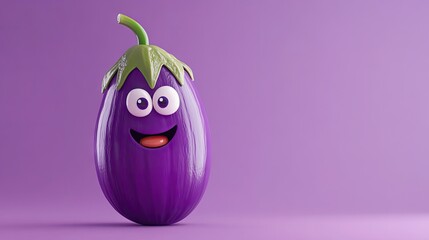 A friendly 3D cartoon eggplant, grinning broadly on a soft purple background, capturing a sense of health and vitality.