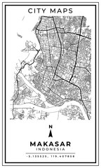 Obraz premium Black and white printable map of Makasar city Indonesia banner poster design, vector illustration
