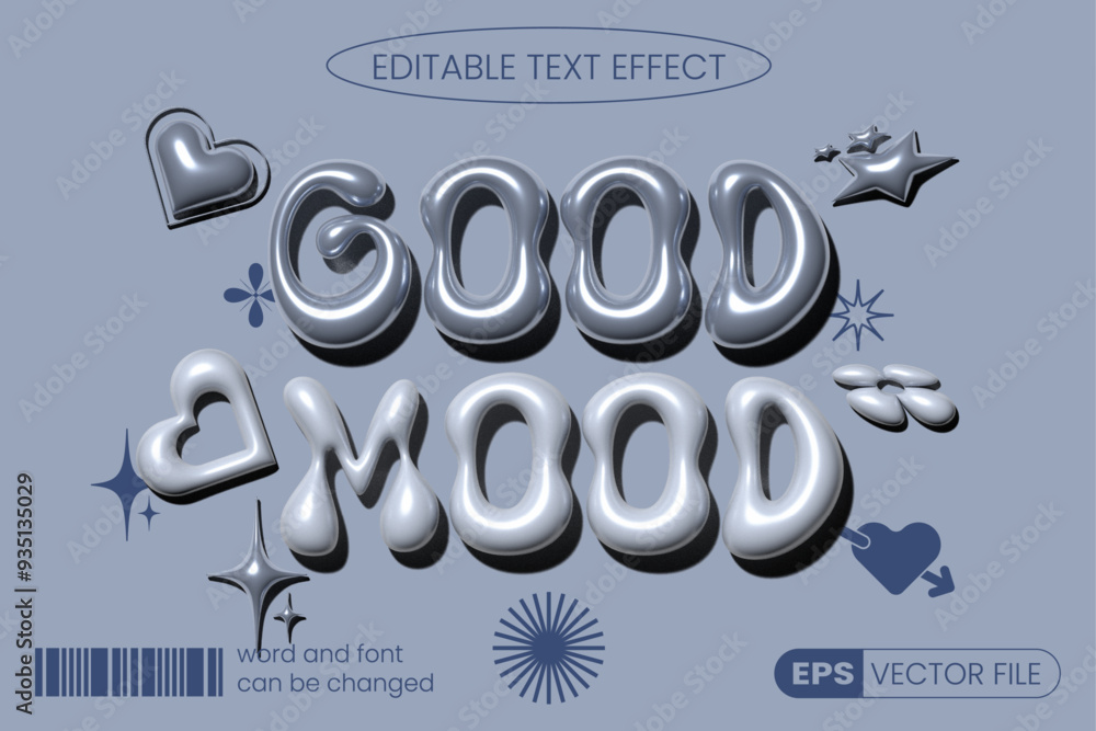 Fototapete good mood glossy chrome inflated text effect. y2k retro editable text style