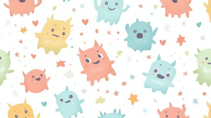 A playful pattern featuring colorful cartoon monsters and stars on a light background.