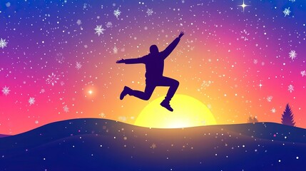 Fototapeta premium Welcome Merry Christmas in 2025. A young man jump between 2024 and 2025 years over the sun and through on the gap of hill silhouette evening colorful sky. Happy new year. generative ai