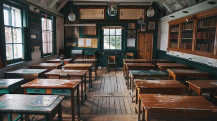 Empty Classroom with Wooden Desks and Chairs