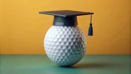 Golf ball proudly wears a graduation cap, simple yet striking design on a solid background, reduced to the essentials for impact.