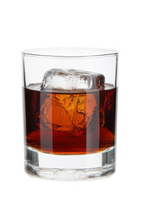 A close-up of a glass of whiskey with a large ice cube, creating a refreshing and inviting drink presentation.