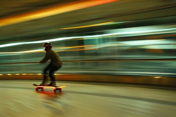 An individual performs a skateboard trick on a ramp, demonstrating athleticism and control in a dynamic environment, A maglev skateboard propelling riders at high speeds along designated tracks